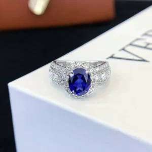 9K Gold Oval Lab-Grown Sapphire Ring — 2.52 ct — view 1